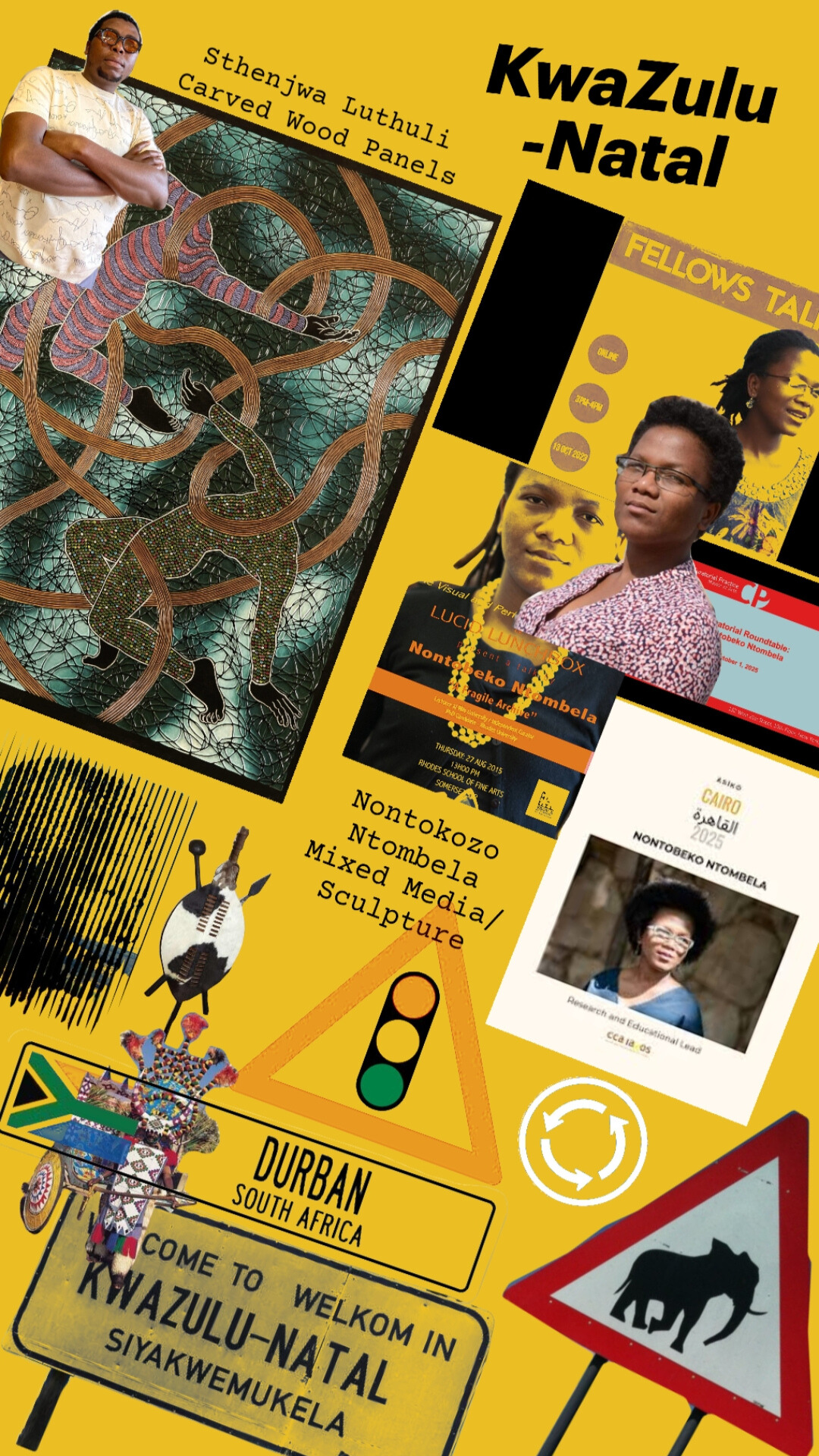 KwaZulu-Natal art collage for CultureZA featuring Sthenjwa Luthuli and Nontokozo Ntombela, focusing on ancestral memory and carved wood panel art.