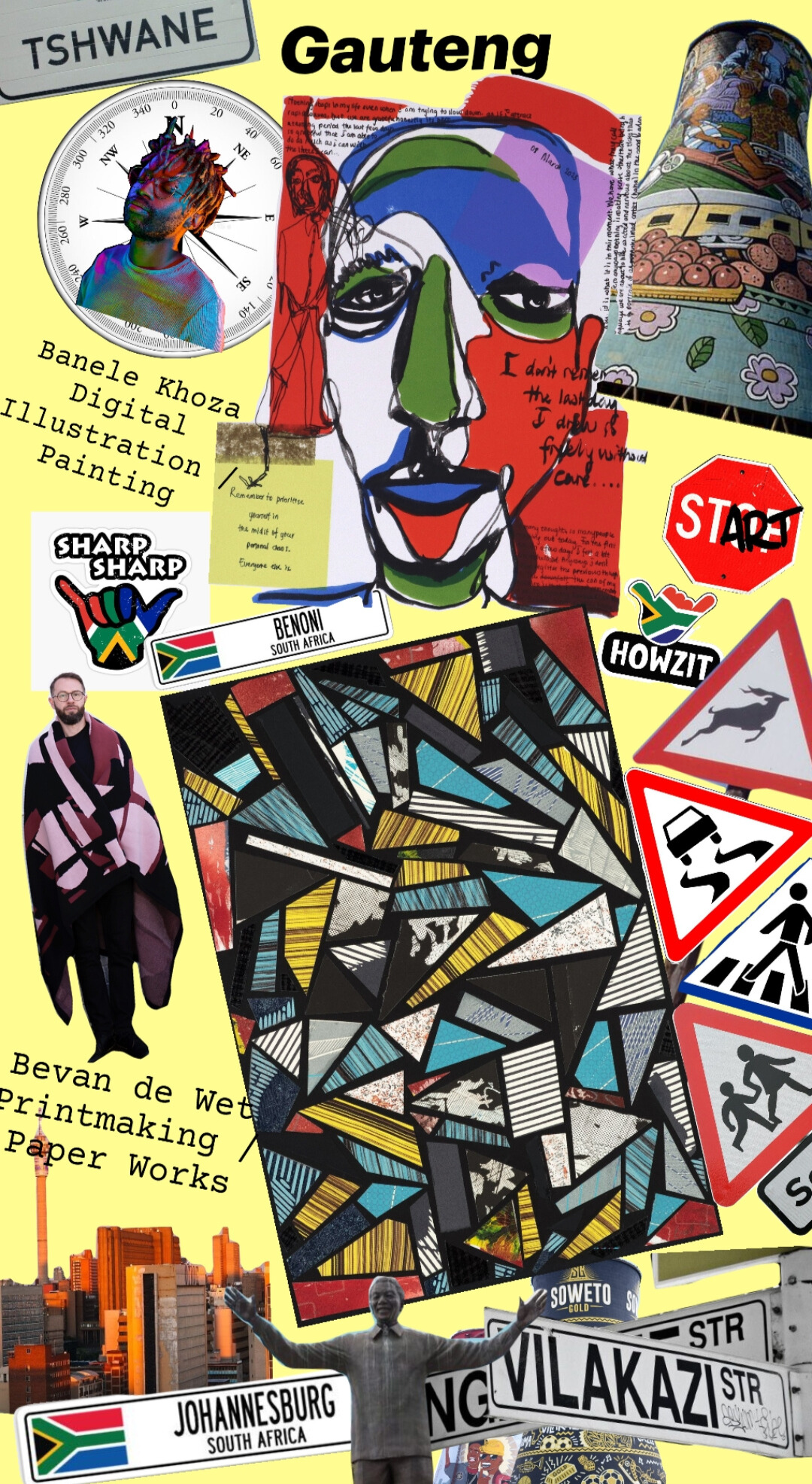 Gauteng provincial art collage featuring Banele Khoza and Bevan de Wet, highlighting digital innovation and Johannesburg’s architectural decay.