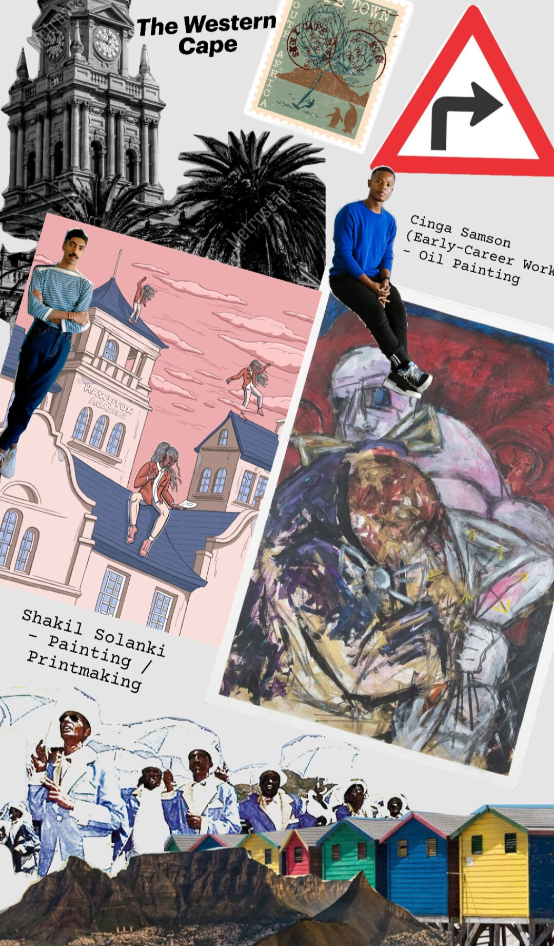 Vertical collage of Western Cape rising artists Cinga Samson and Shakil Solanki for CultureZA, showcasing urban narratives and intimate portraiture.