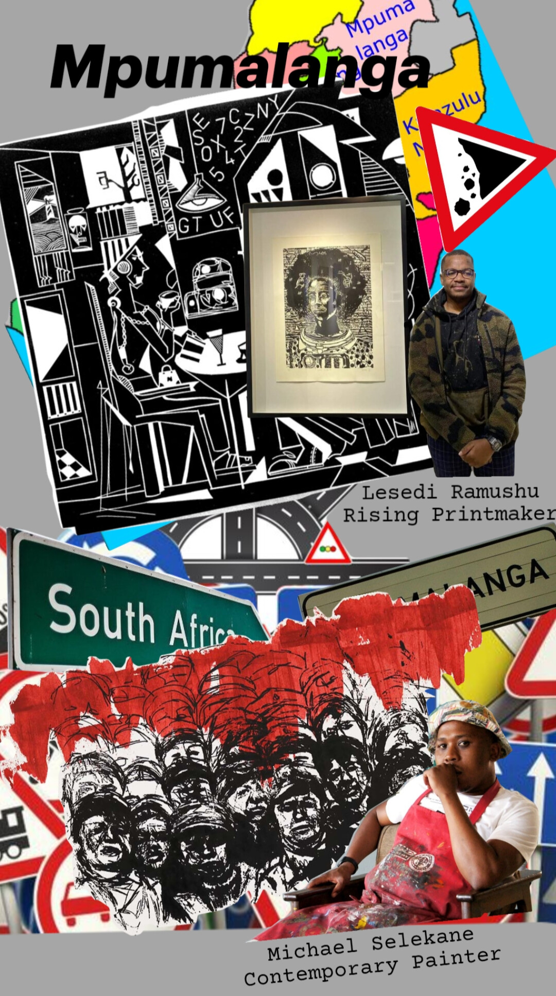 Mpumalanga art collage for CultureZA featuring Lesedi Ramushu and Michael Selekane, focusing on linocut textures and urban-rural connections.