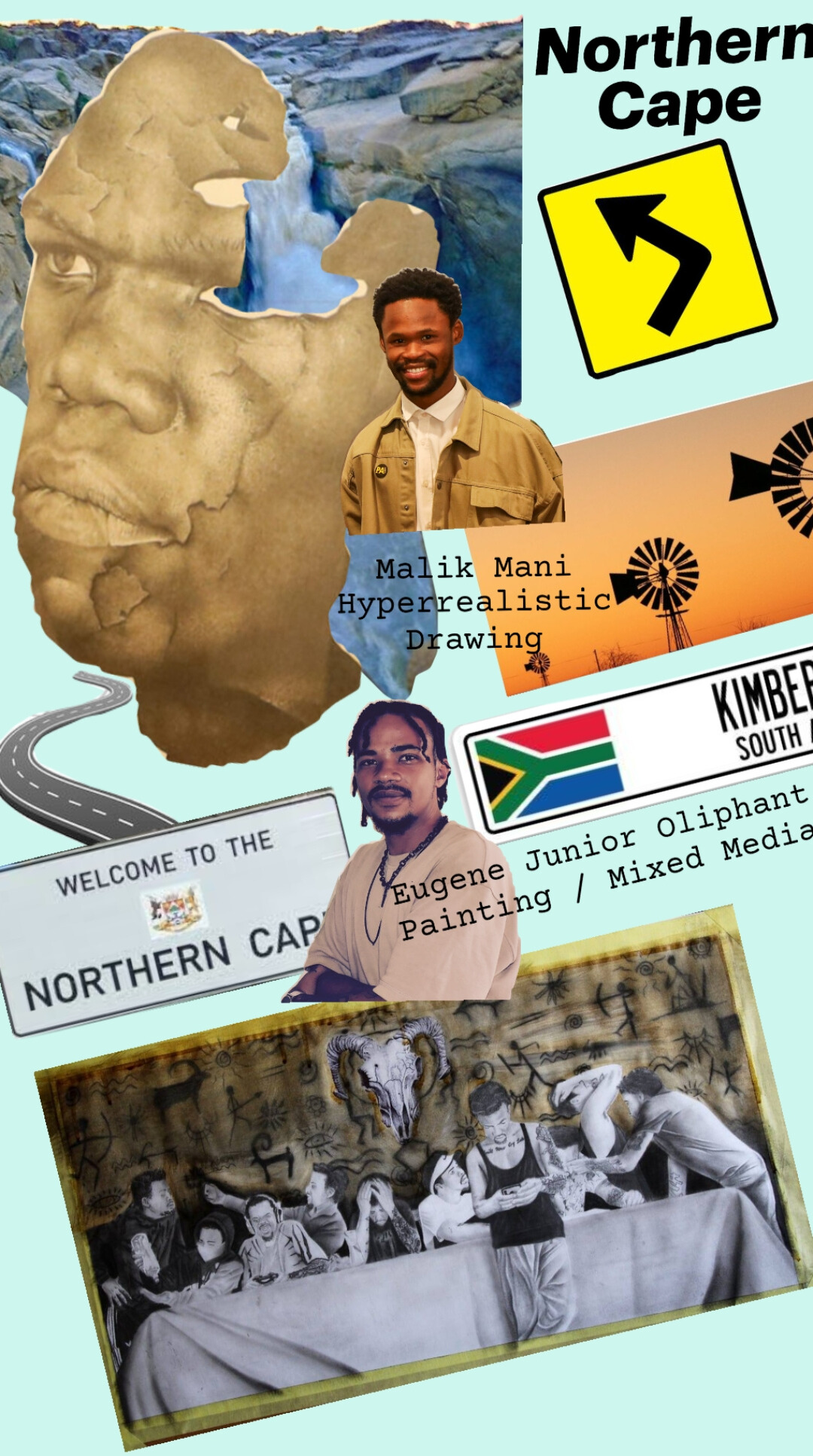 Northern Cape provincial collage featuring Malik Mani and Eugene Junior Oliphant, showcasing hyperrealistic drawing and identity in the vast Karoo landscape.