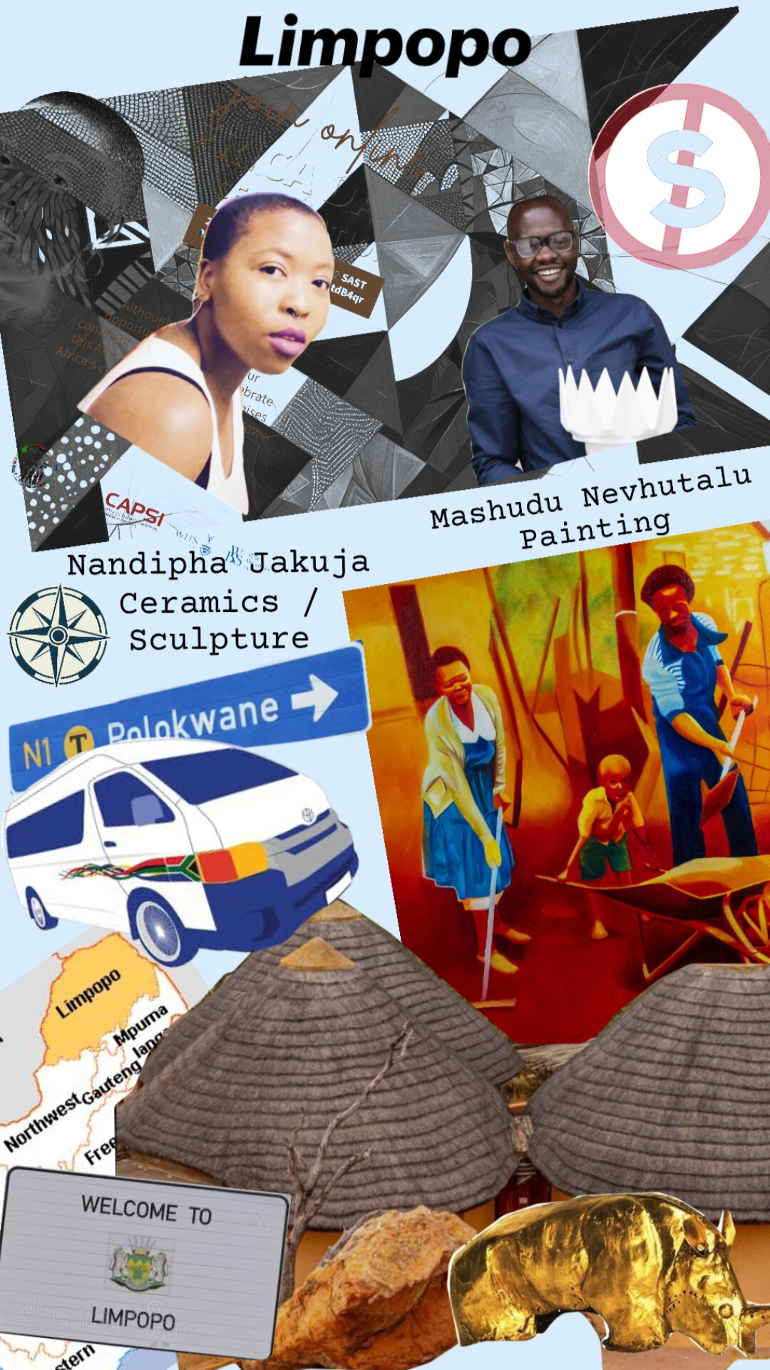 Limpopo provincial collage featuring Nandipha Jakuja and Mashudu Nevhutalu, highlighting ceramics, mythology, and Venda traditions.