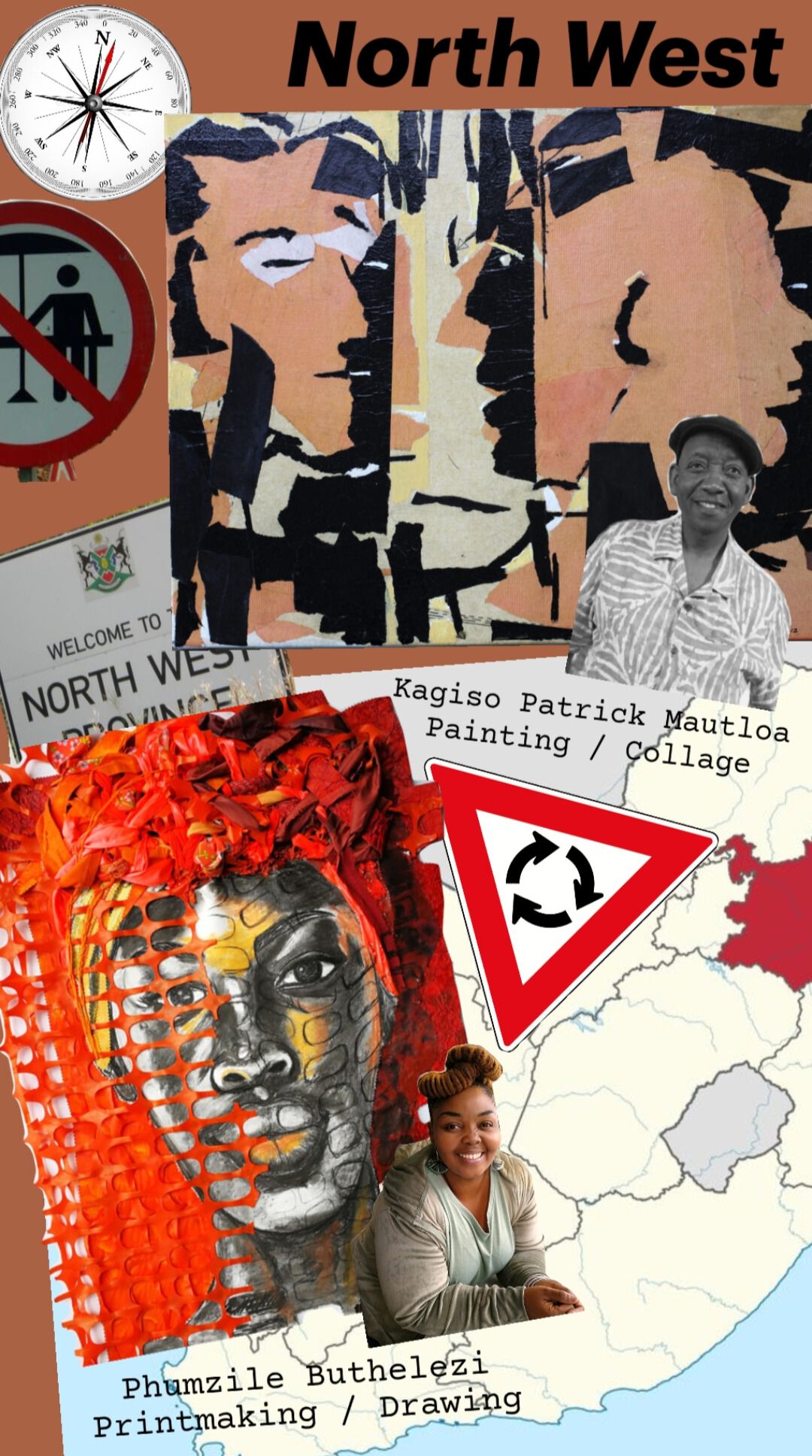 North West art collage featuring Kagiso Patrick Mautloa and Phumzile Buthelezi, representing industrial mining history and rural domesticity.