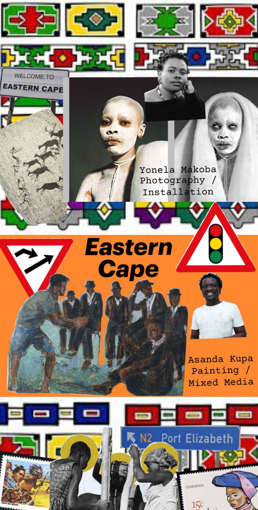 Eastern Cape provincial collage featuring Asanda Kupa and Yonela Makoba, depicting themes of displacement and Xhosa cultural practices.