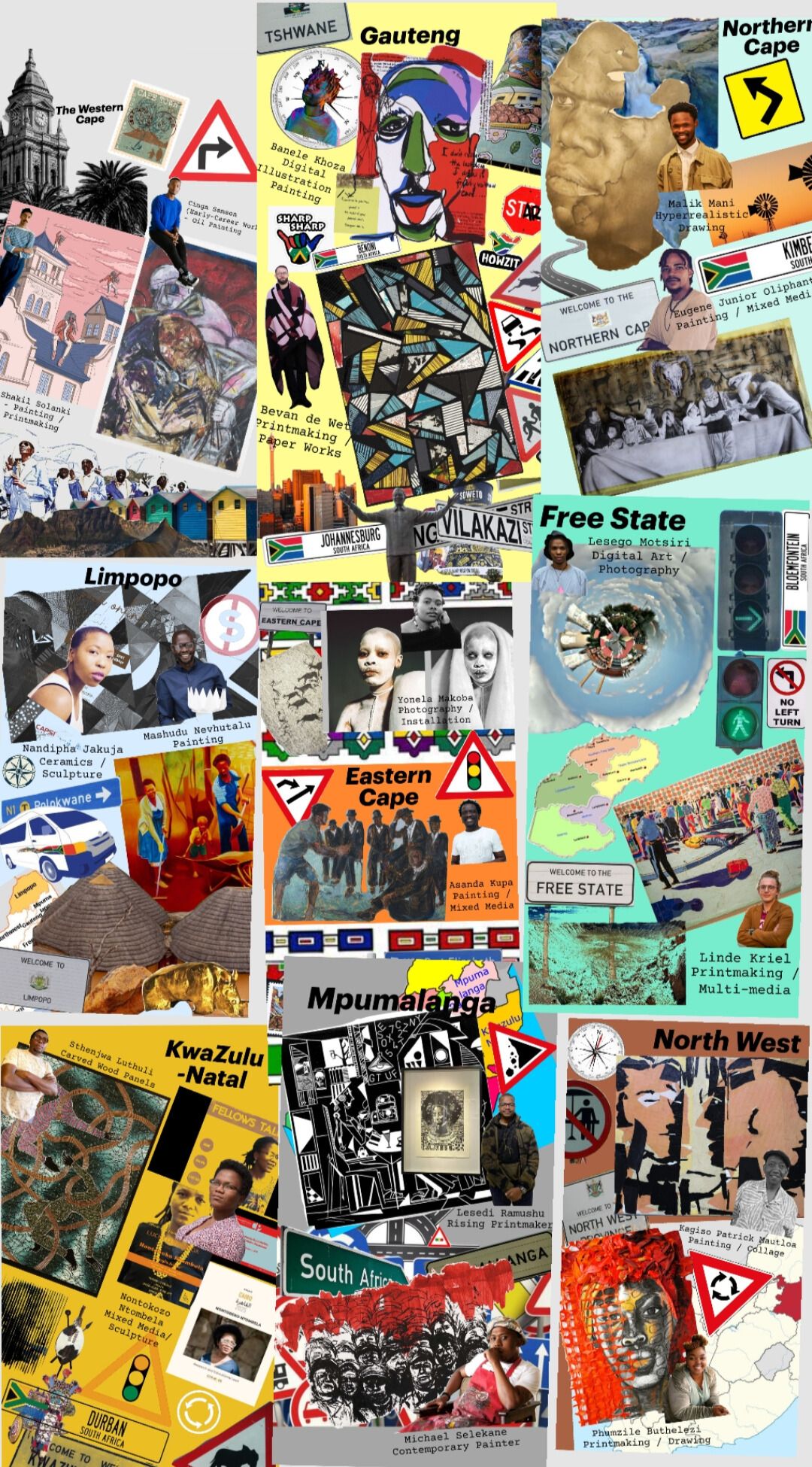 A comprehensive vertical collage for CultureZA titled Around the Land in Artsy Ways, featuring 18 rising South African visual artists and their representative artworks from all nine provinces.