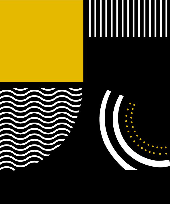 Official Shweshwekini brand logo, a four-quadrant graphic blending solid golden-yellow, vertical black lines, abstract waves, and dotten patterns, symbolizing African textile heritage and swimwear design. 