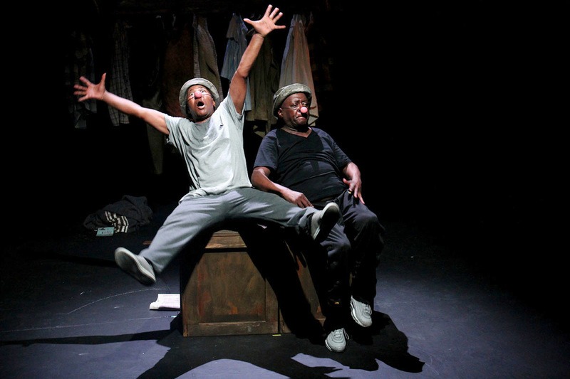 A scene from Percy Mtwa and Mbongeni Ngema's staging of Woza Albert! at the Baxter Theatre—a cornerstone of South African protest theatre that collapses the distance between performer and audience.