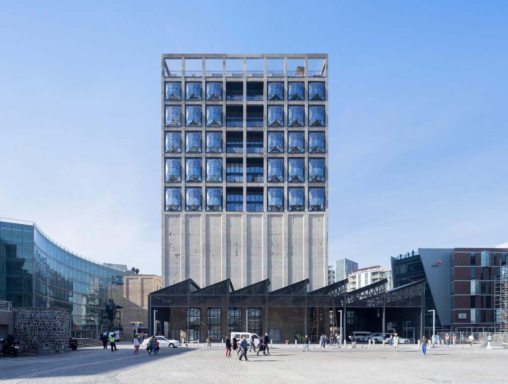 The exterior facade of Zeitz MOCAA—photographic documentation of Cape Town’s industrial heritage transformed into a premier site for contemporary African art.